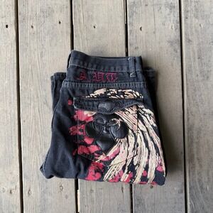 Red Ape Baggy Embroidered Jeans Black Red Streetwear Wide Leg Denim Mens 32x26